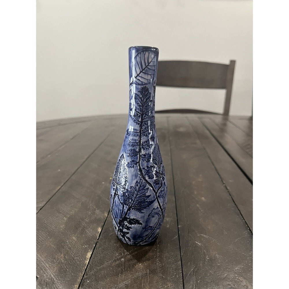 Vtg John Devlin Pottery Blue Bud Vase 1970s‎ Leaf Floral Imprint Embossed 7"
